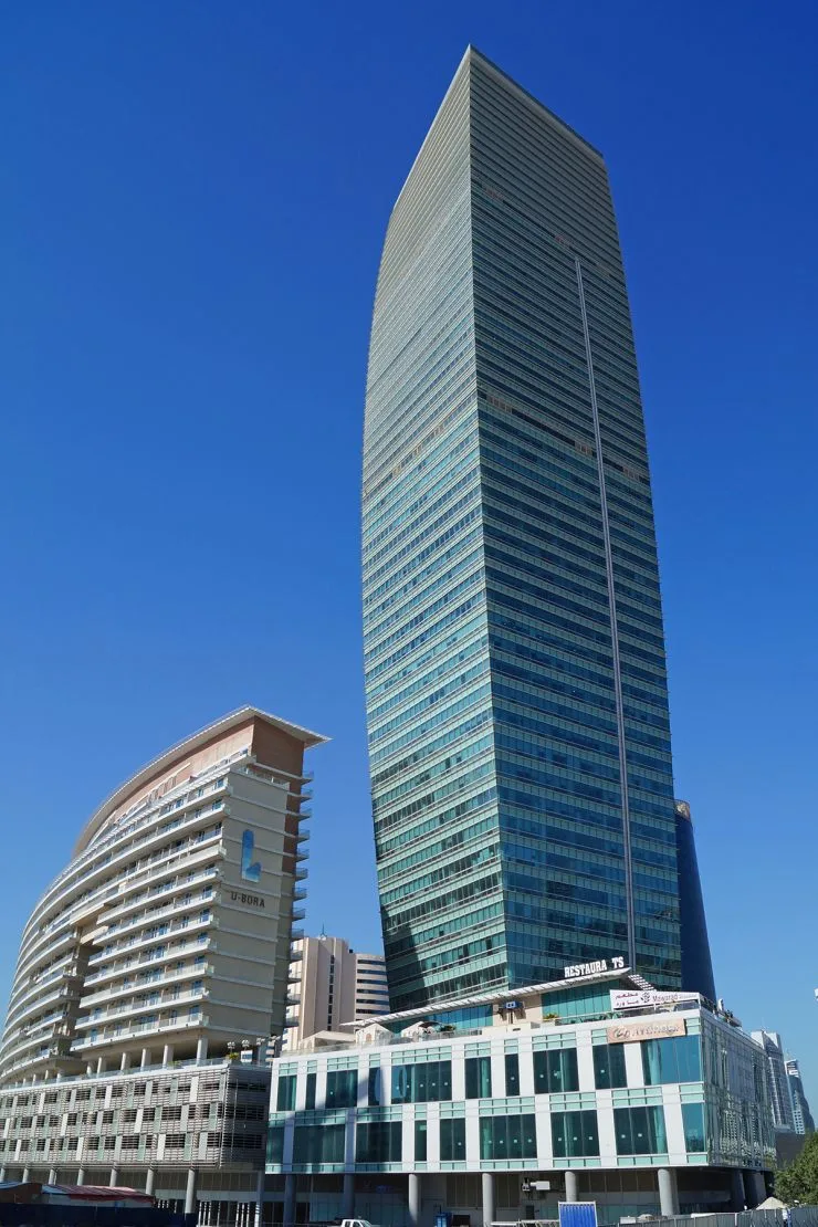 Tower from base to crown against blue sky
