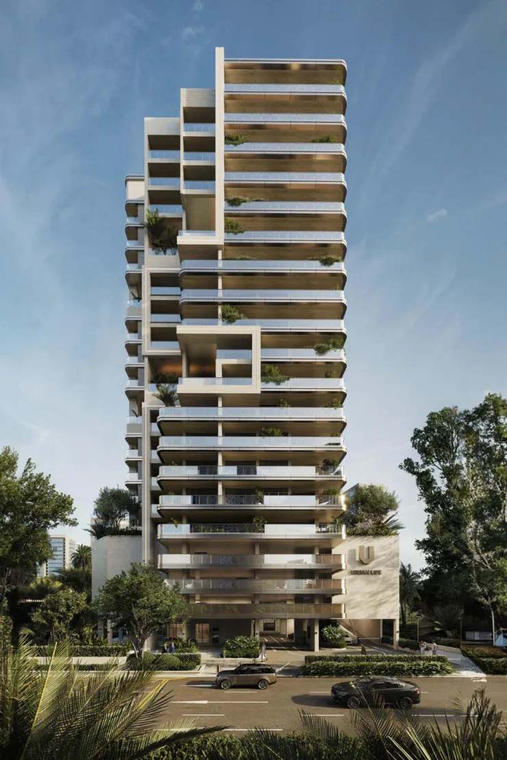 Full-height tower with Urban Life signage at podium