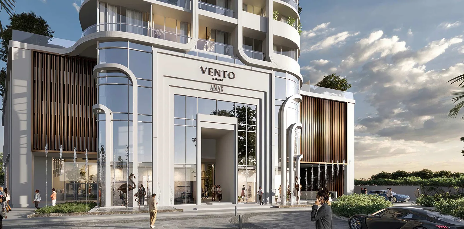 Podium entrance with Vento signage and fountains