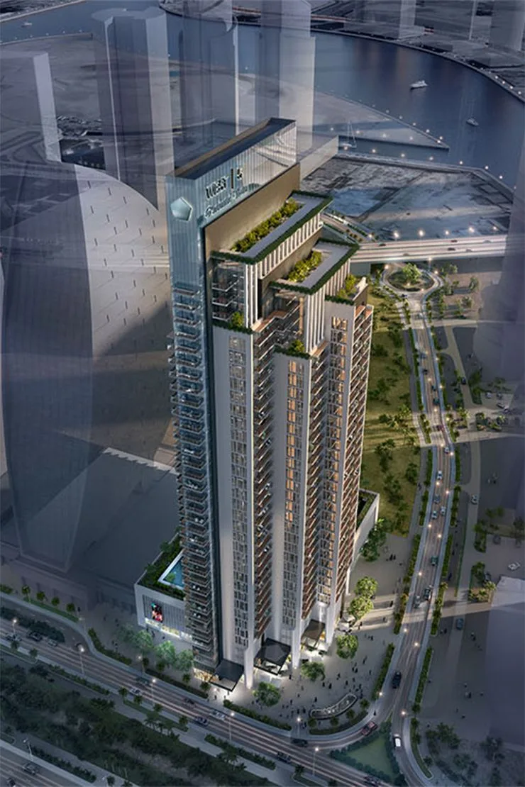 Aerial render of West 5 tower and podium