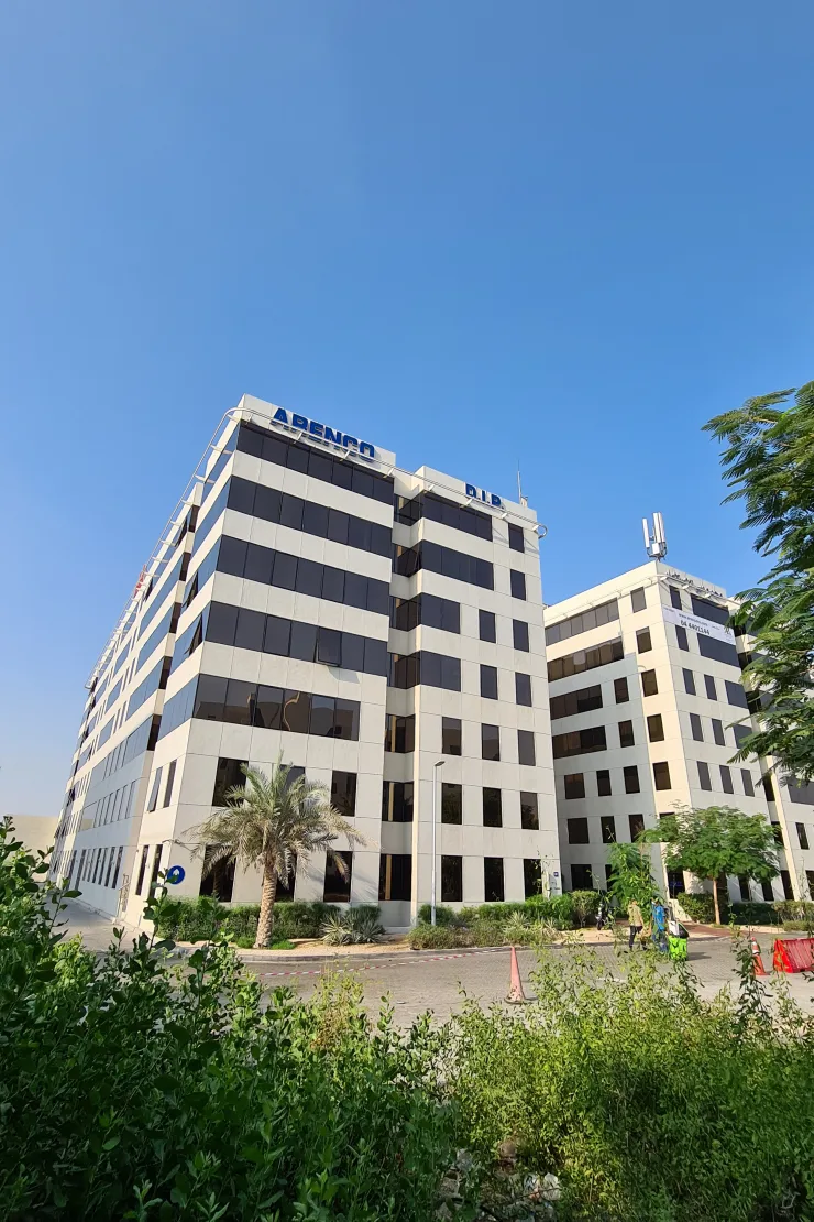 Arenco building with signage, full height, two blocks