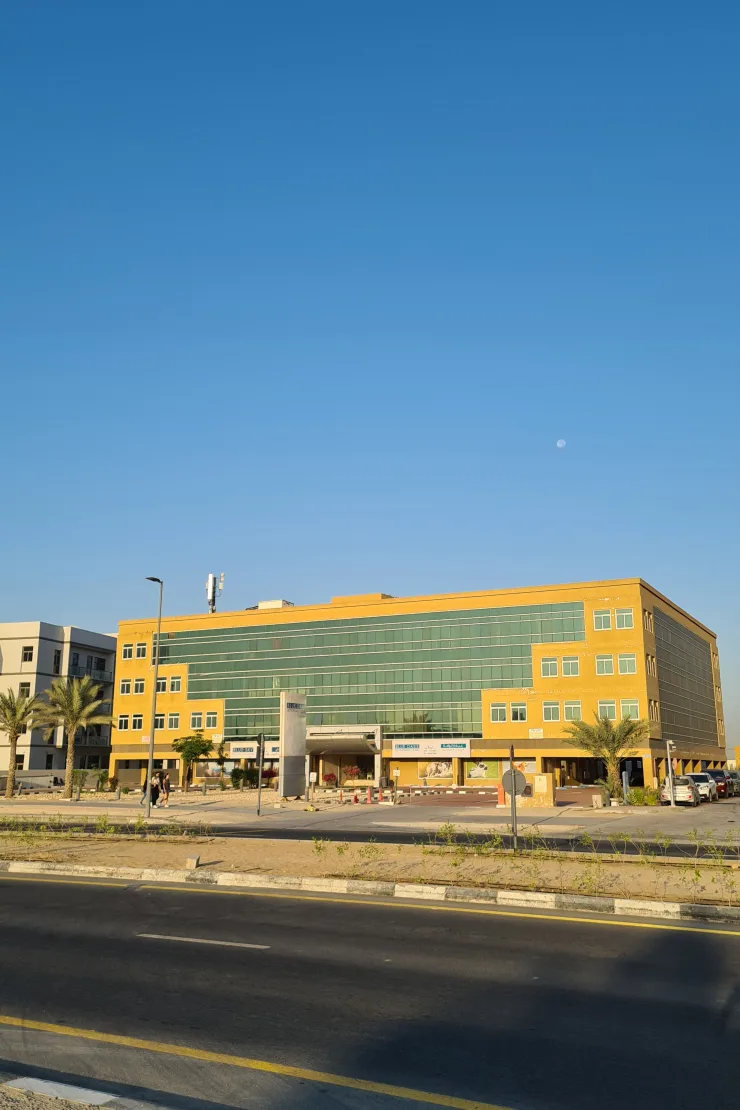 Yellow and green glass building from across the road
