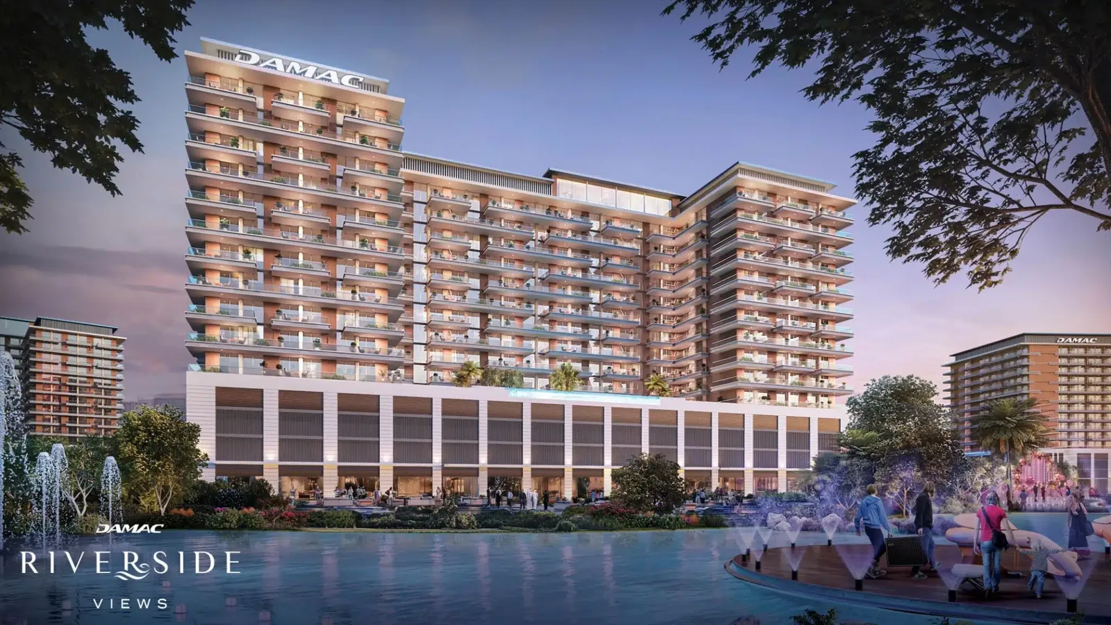 Project picture: Riverside Views. Full-height render of Azure 2 with podium and lagoon