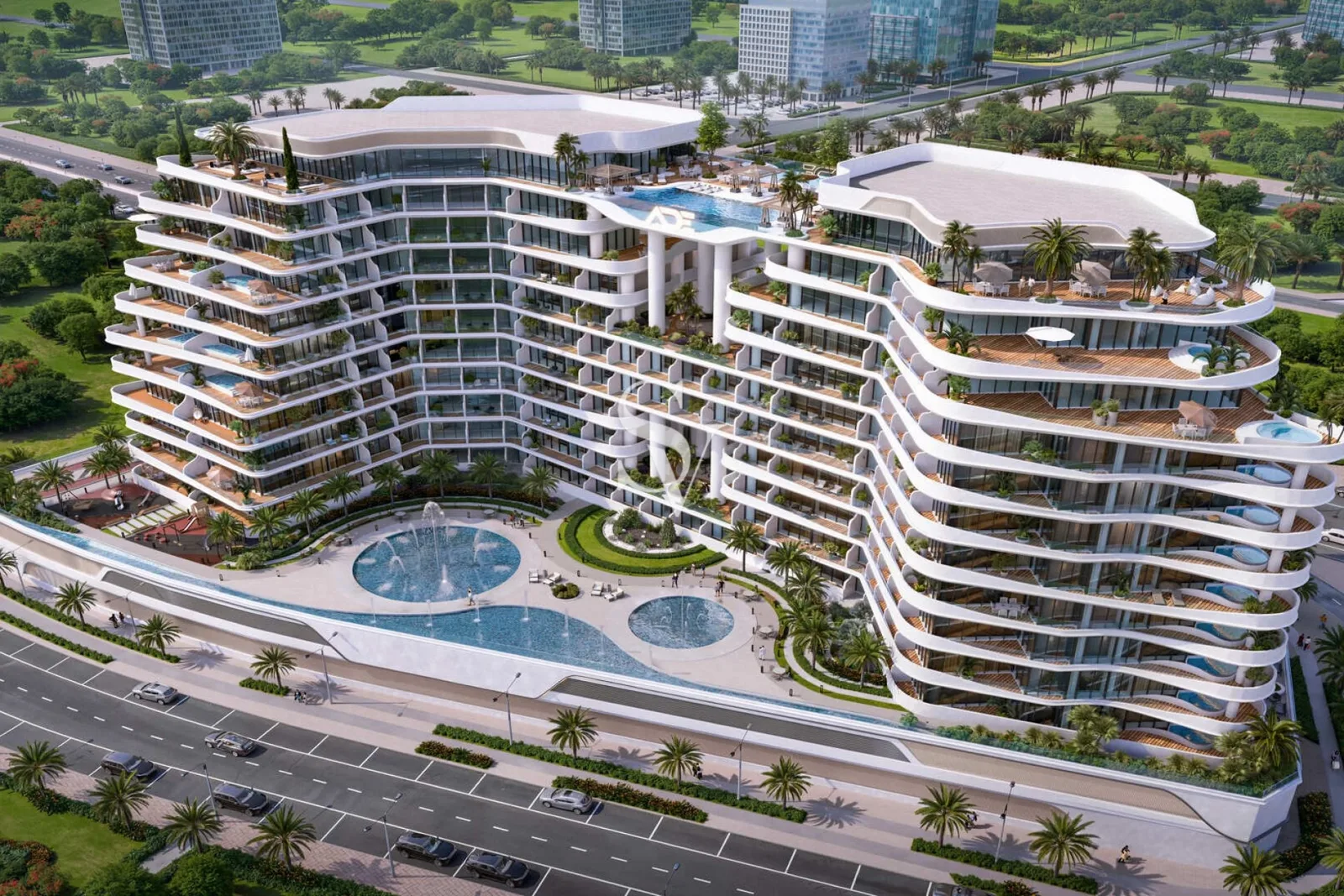 Project picture: Capri 1. Aerial render of curved terraced building with pool and fountains