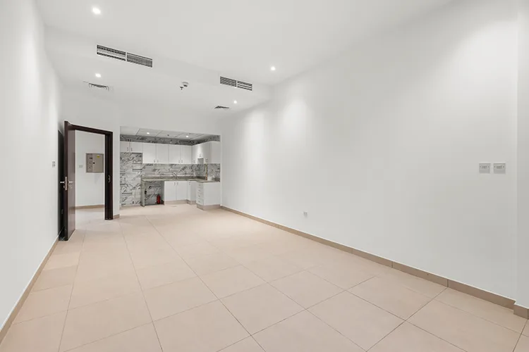 Empty 1-bedroom apartment living area and kitchen
