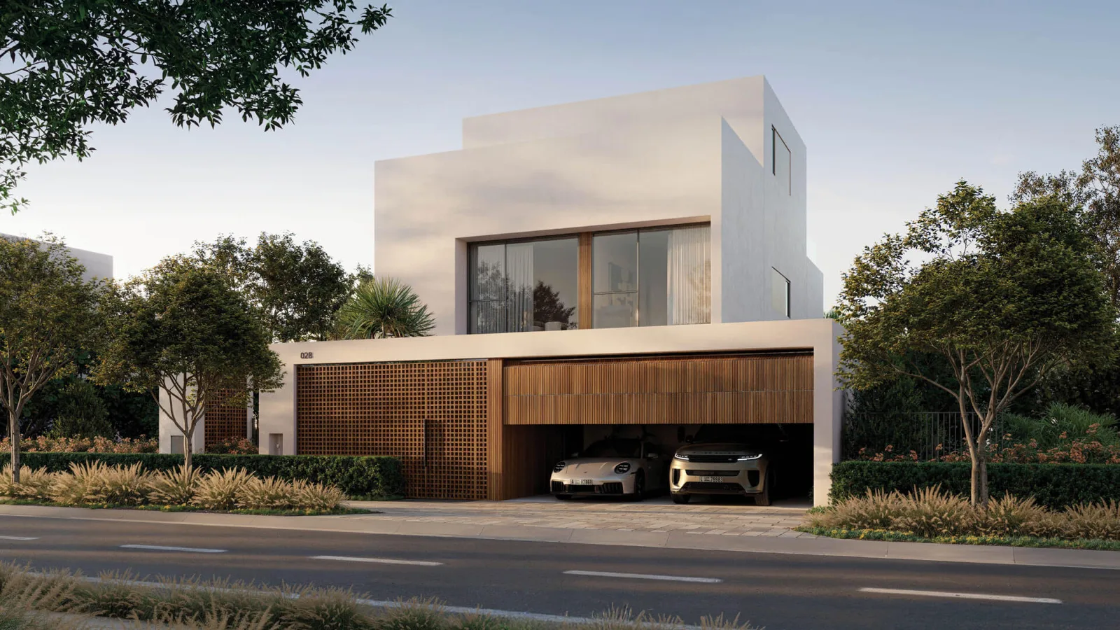 Modern white villa with timber screen garage, street view