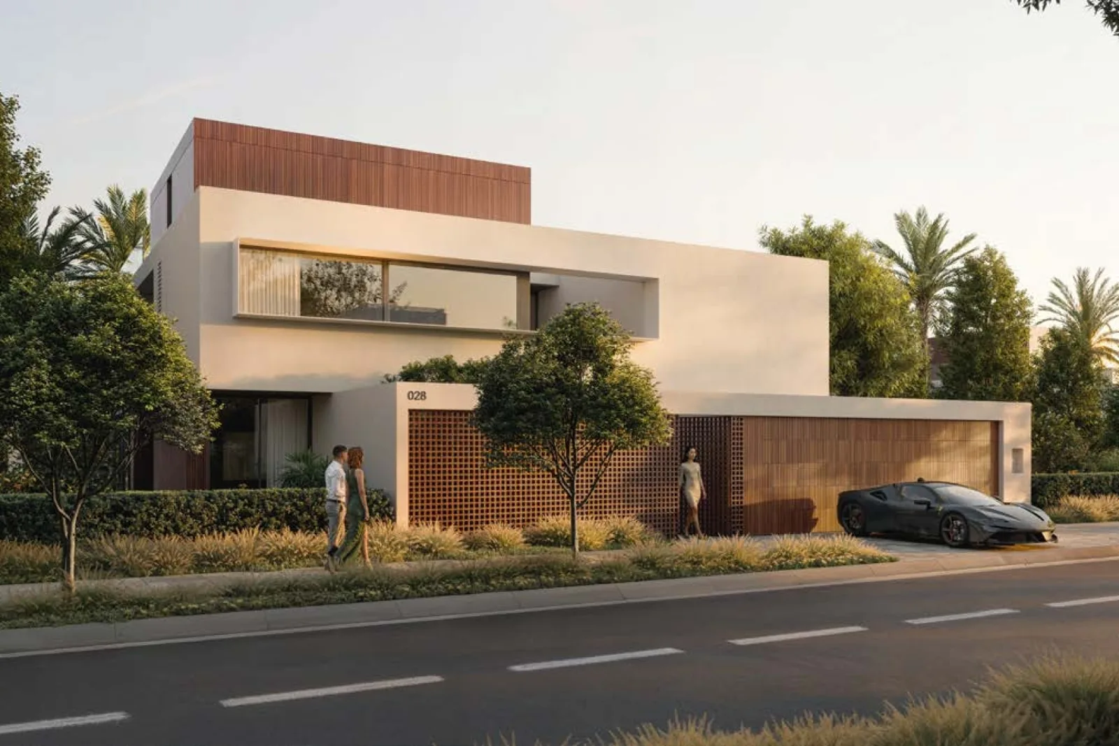 Villa facade with timber screening and street frontage
