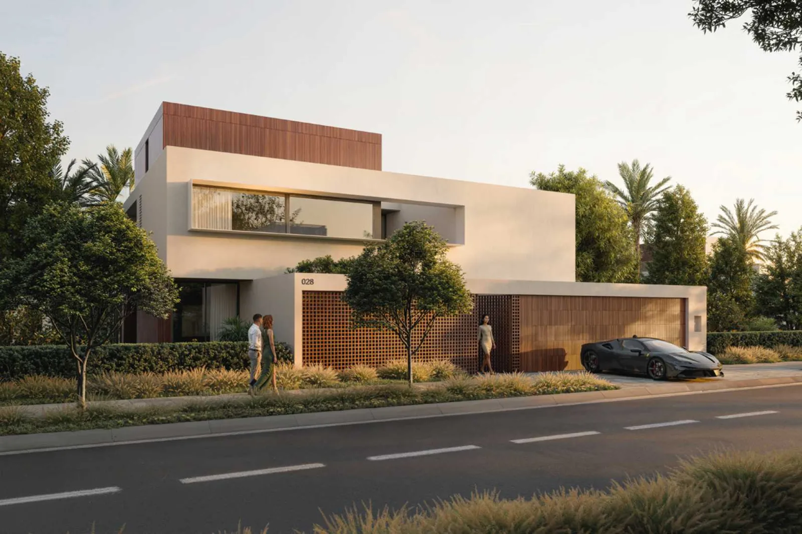 Modern white villa with timber screen and roof volume