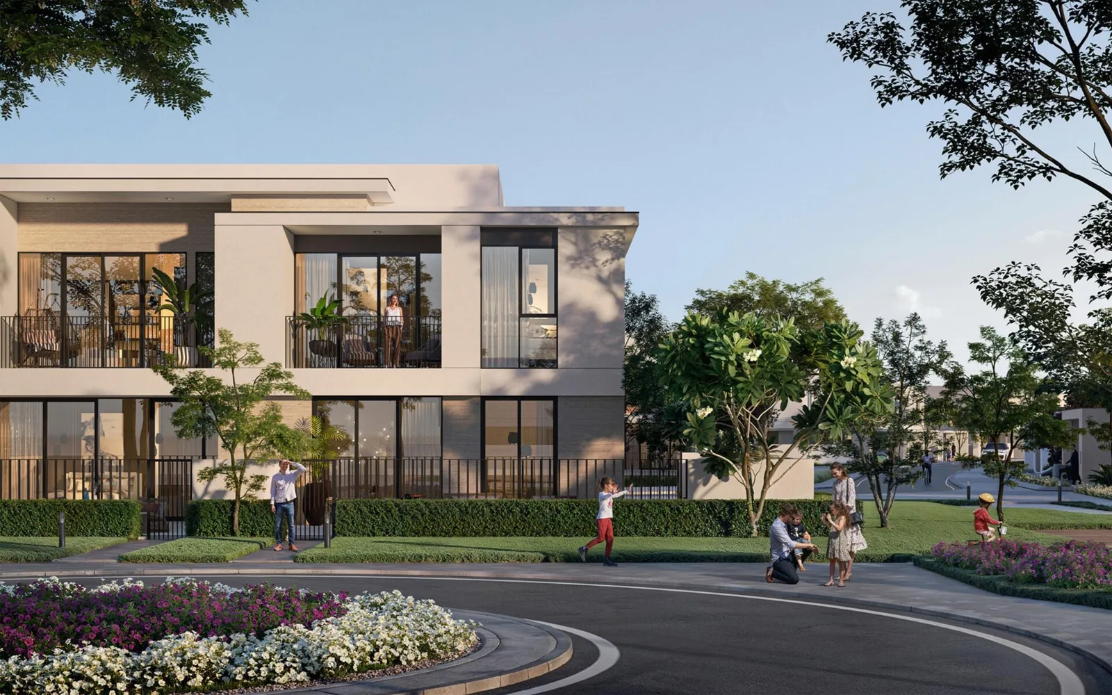 Two-storey townhouse facade with landscaped street frontage