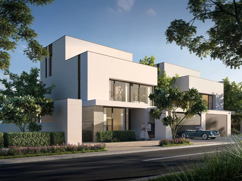 Modern white villa exterior with garage, street view