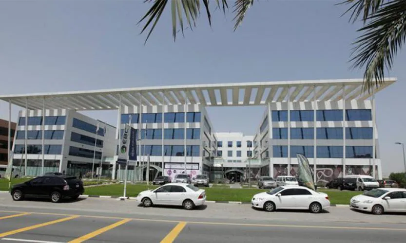 Full complex facade with canopy roof from street