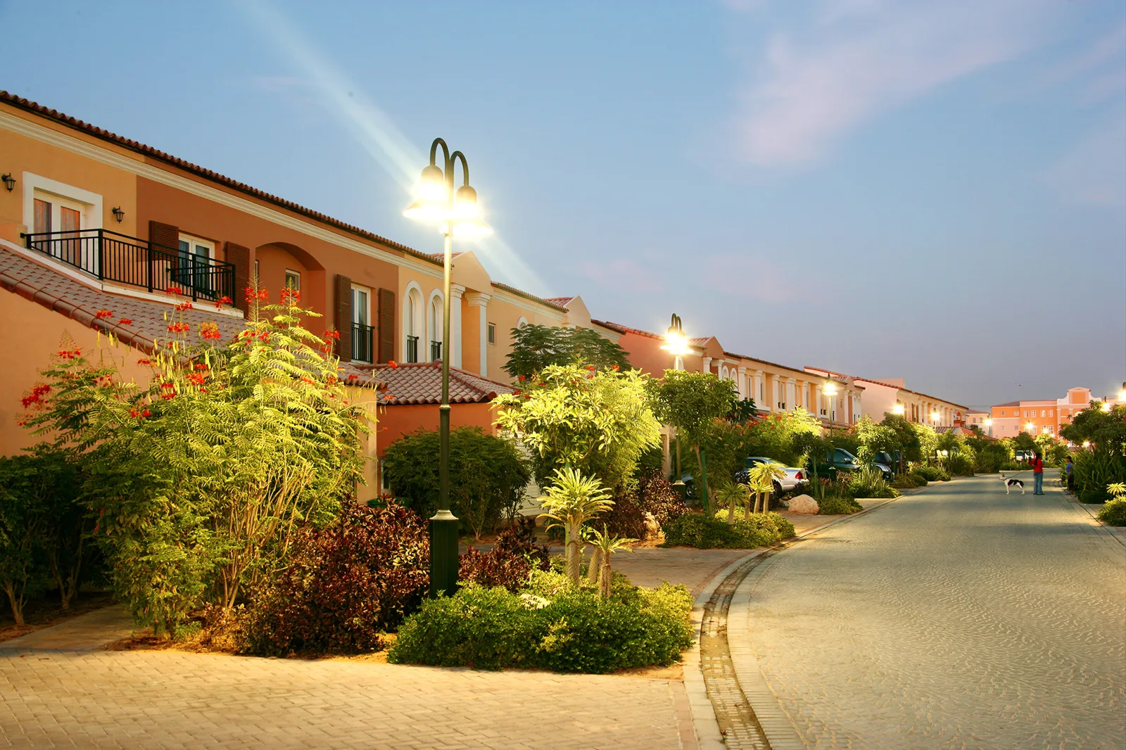 Townhouse row along a lit street at dusk