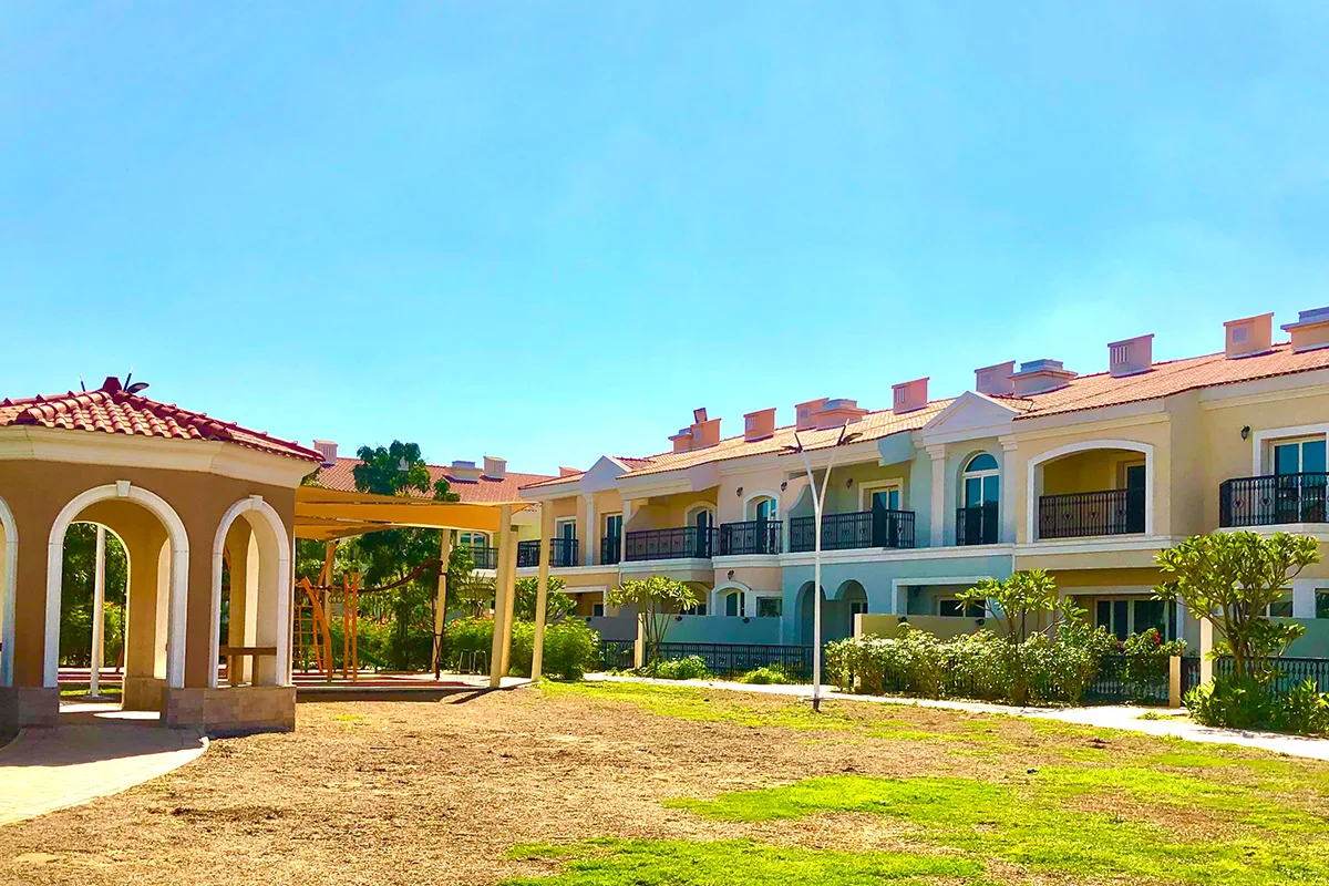 Townhouse row with gazebo and play area