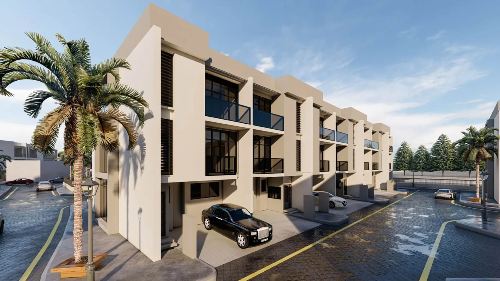 Row of three-storey townhouses with balconies