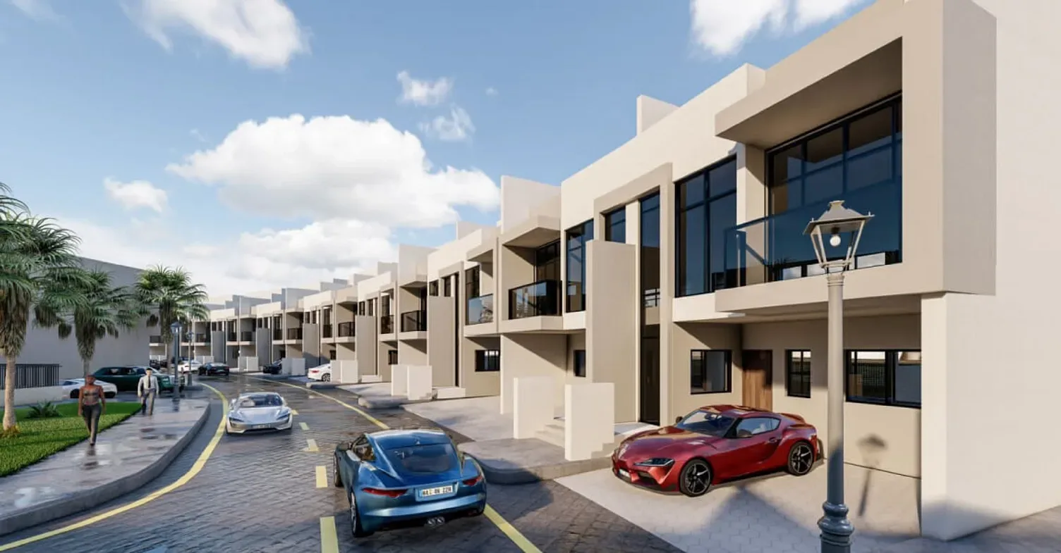 Townhouse row along street with balconies