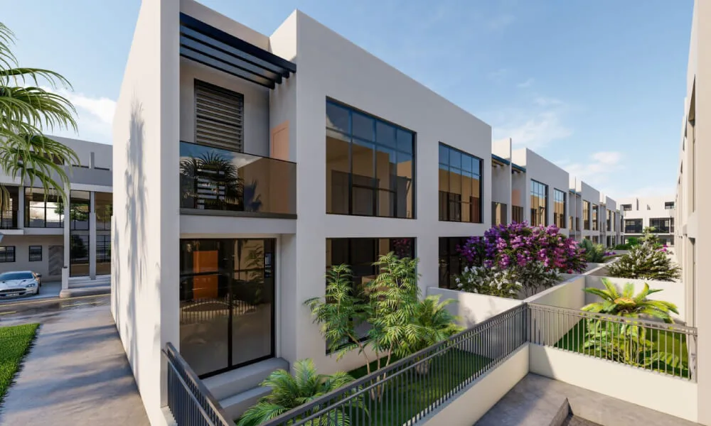 Townhouse side facade with garden and balcony