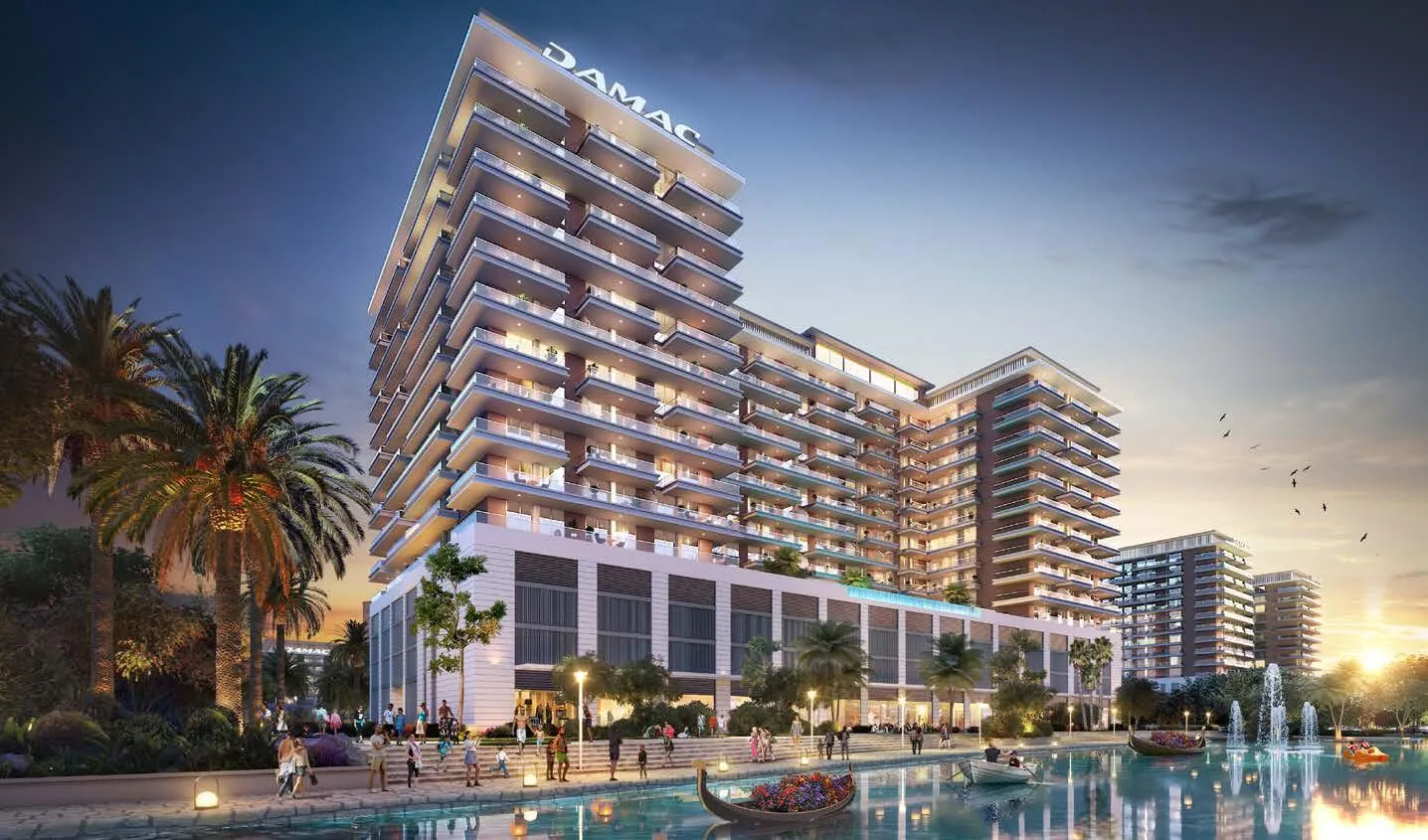 Project picture: Riverside Views. DAMAC tower with podium beside the waterway