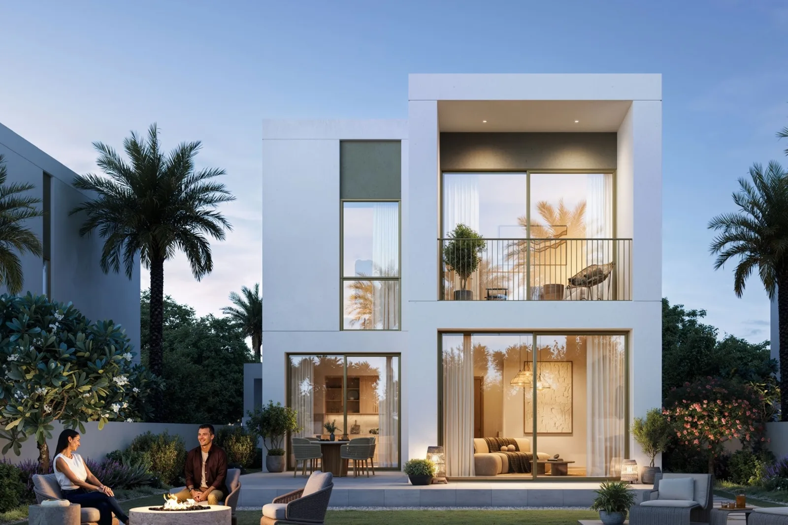 Modern white two-storey villa rear facade with terrace