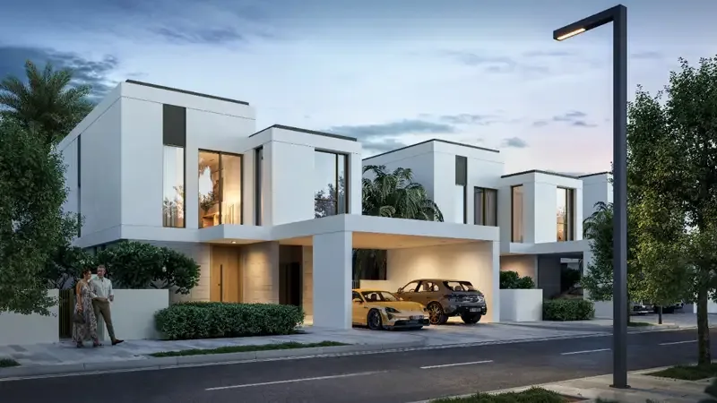 White modern villas with carport, street view