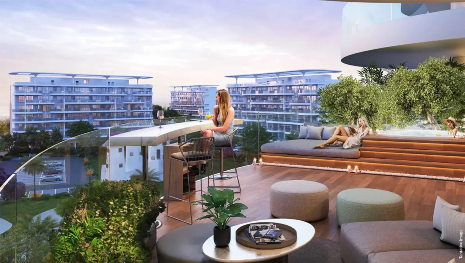 Terrace overlooking matching white-crowned blue buildings
