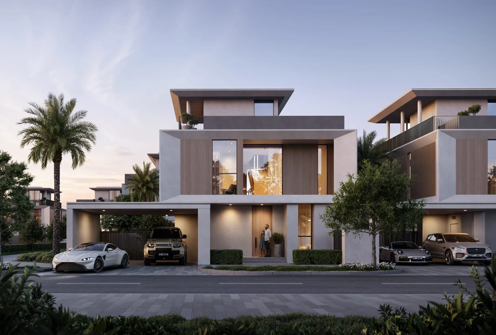 Selvara townhouse facade at dusk, timber panels