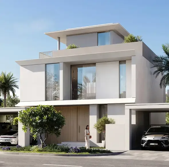 Developer render of modern villa exterior, full height