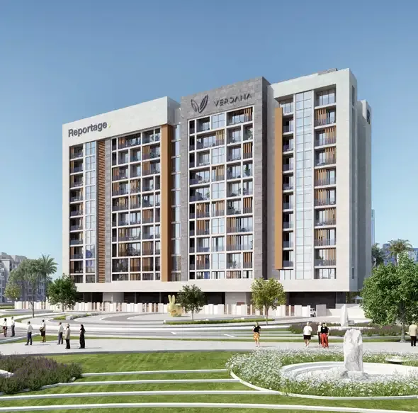 Project picture: Verdana. Corner view of the apartment block with landscaping