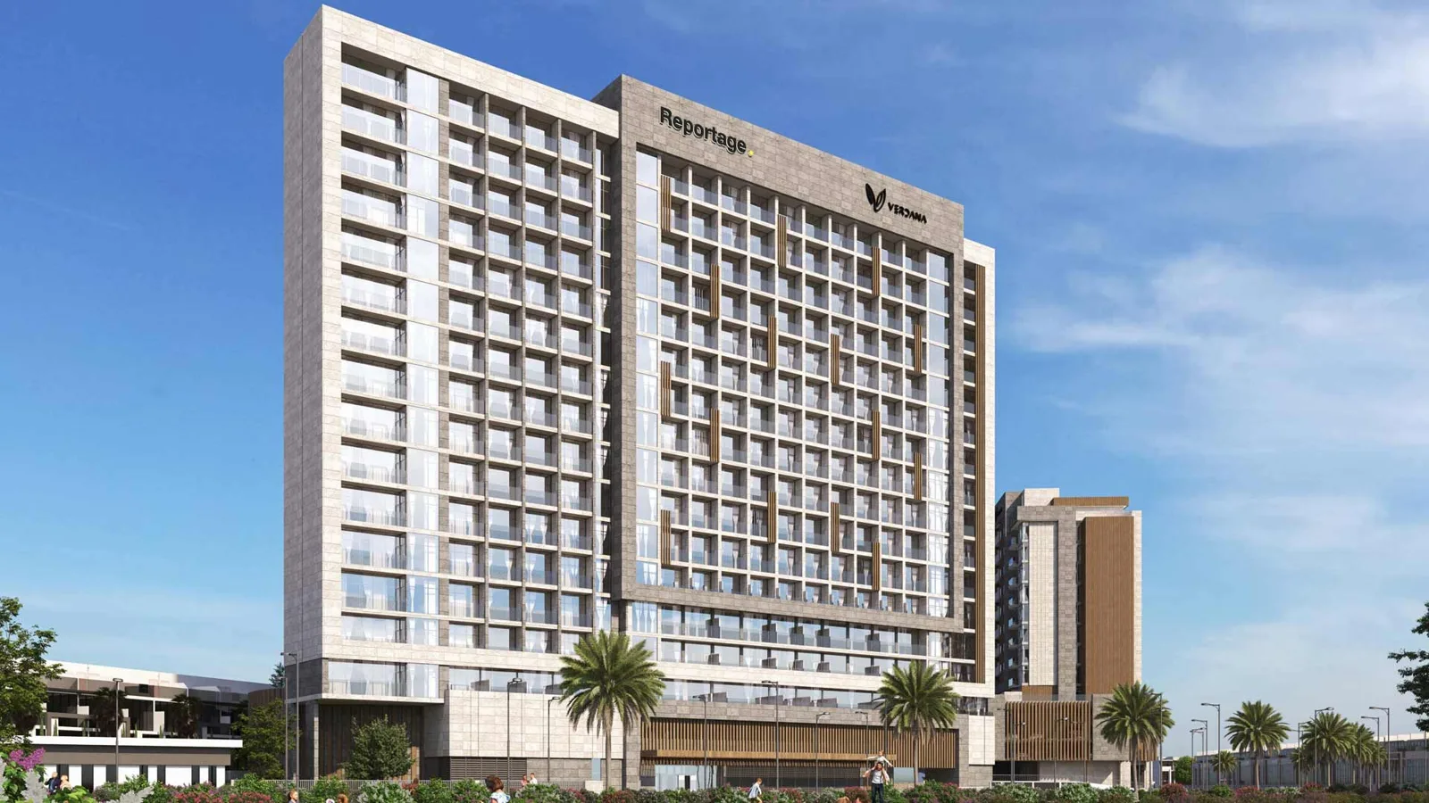 Verdana tower with Reportage branding, full height render