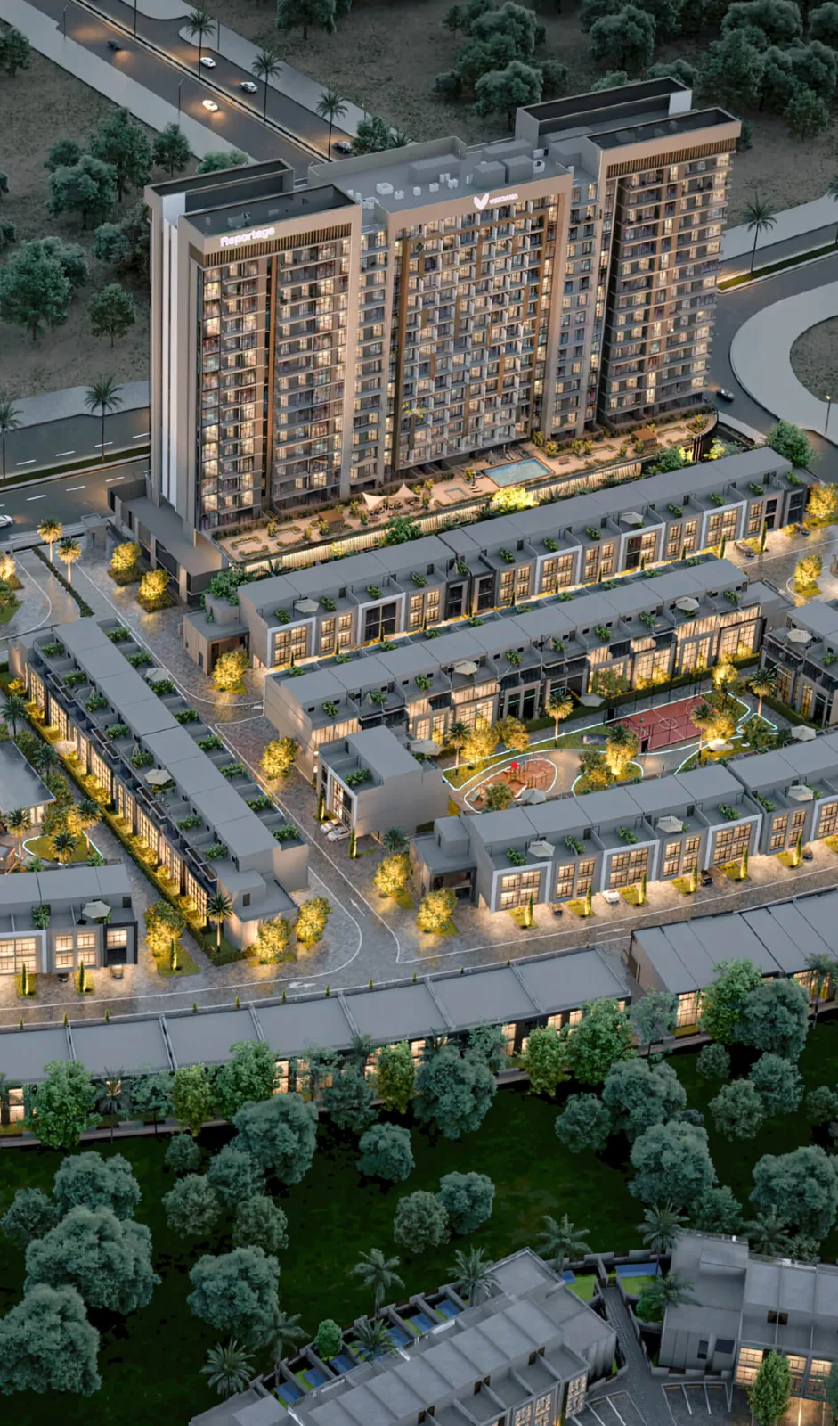 Aerial render of Verdana tower with podium pool