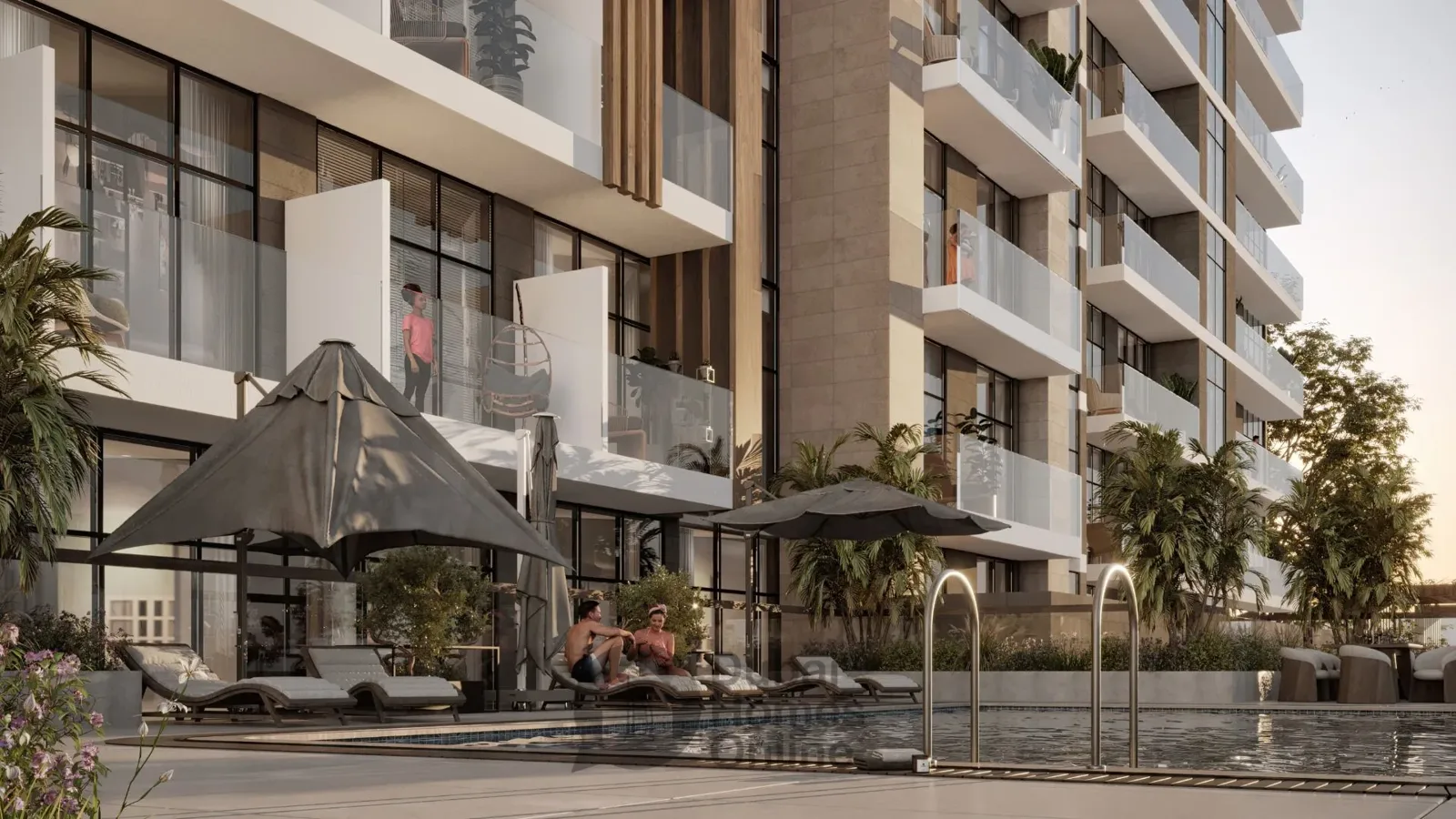Podium pool deck beside tower balconies