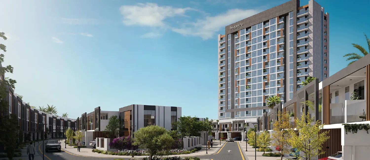 Verdana community render (project-level, not block-specific): street with a Verdana apartment building full height behind townhouses; 1500x650