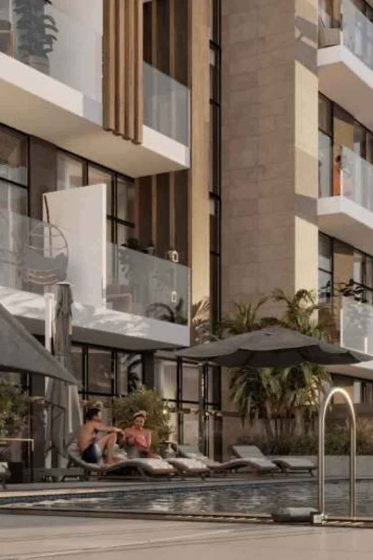 pool deck at the base of the building