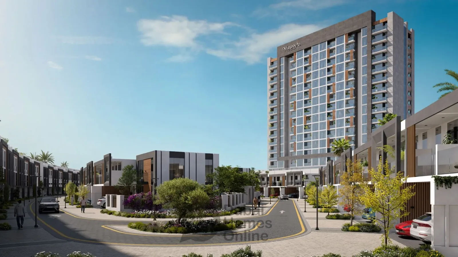 Verdana tower rising above townhouse street