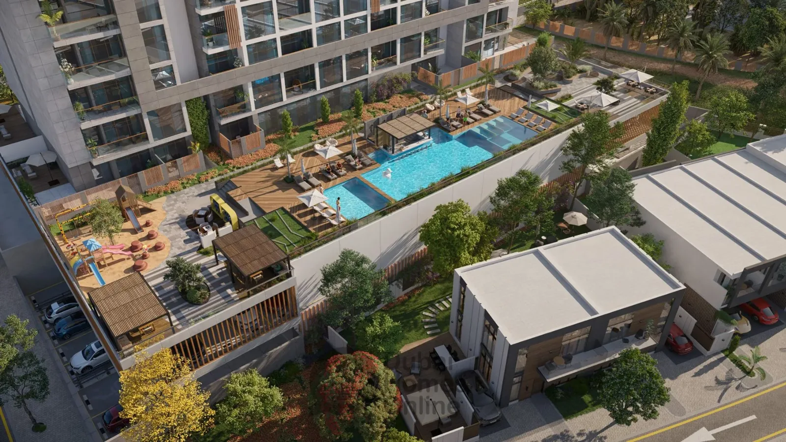Podium pool deck and play area beside tower