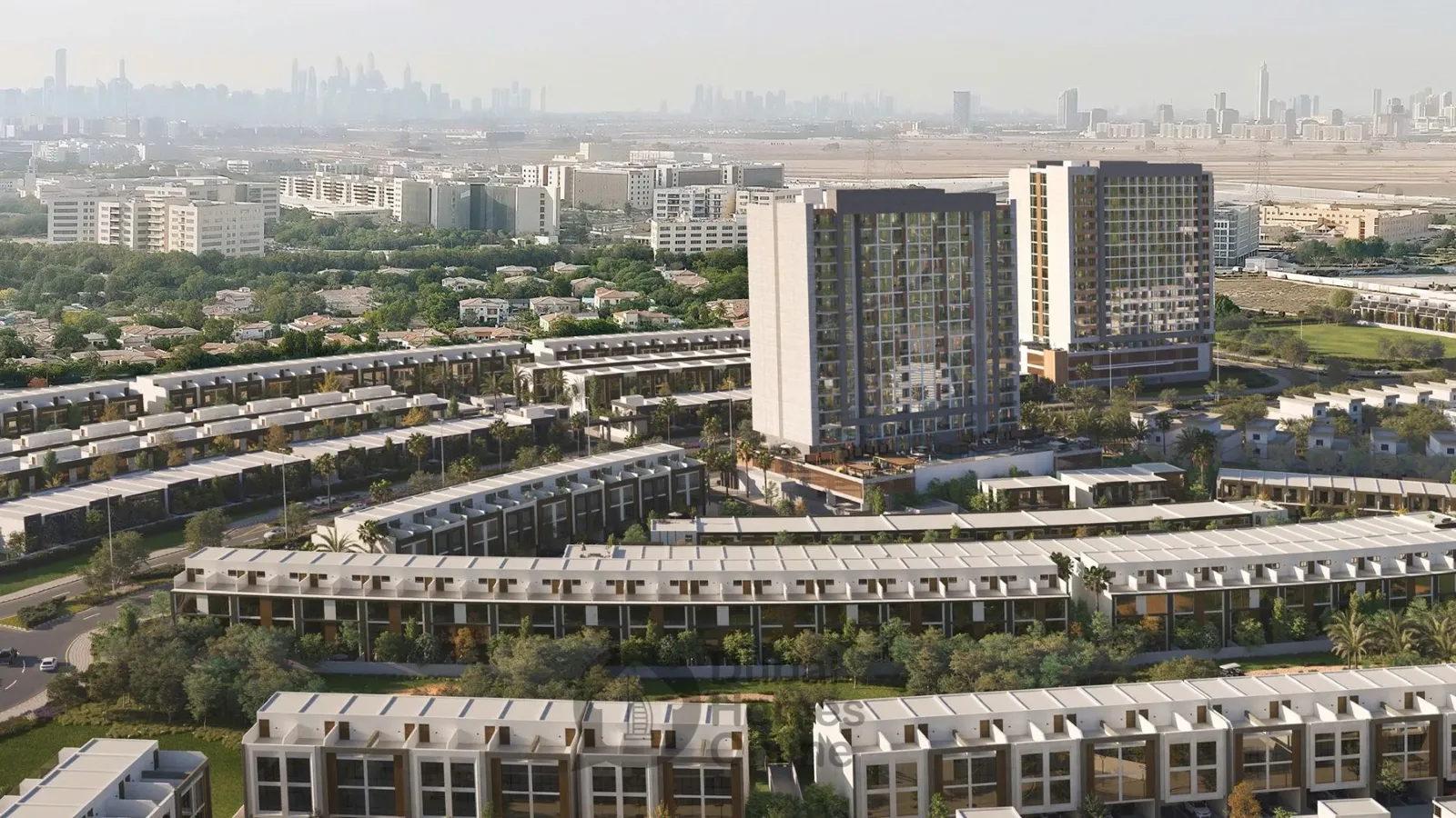 Aerial view of tower within townhouse community