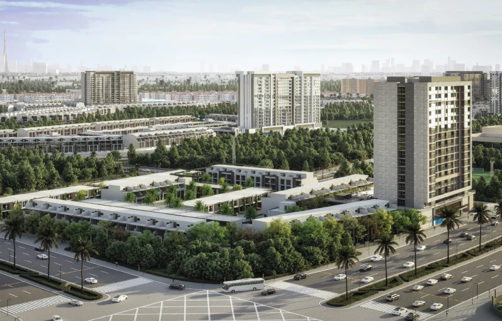 outside, aerial of the Verdana community with its apartment blocks; community render, Residence 9 not identified