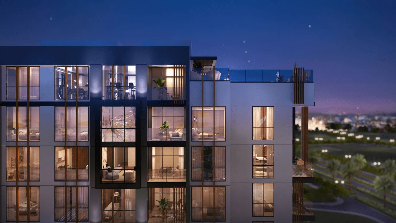 outside, upper floors and roof at night