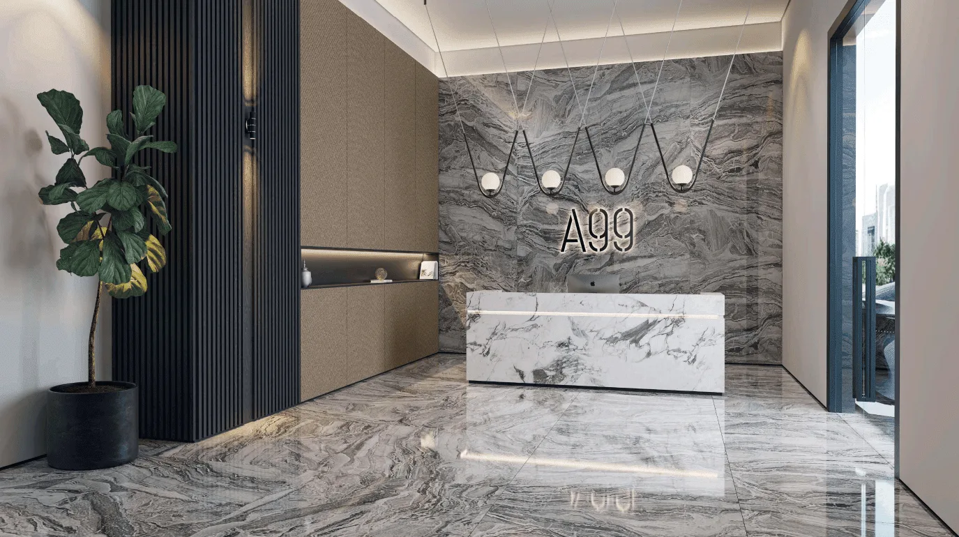 shared lobby with A99 name on the wall