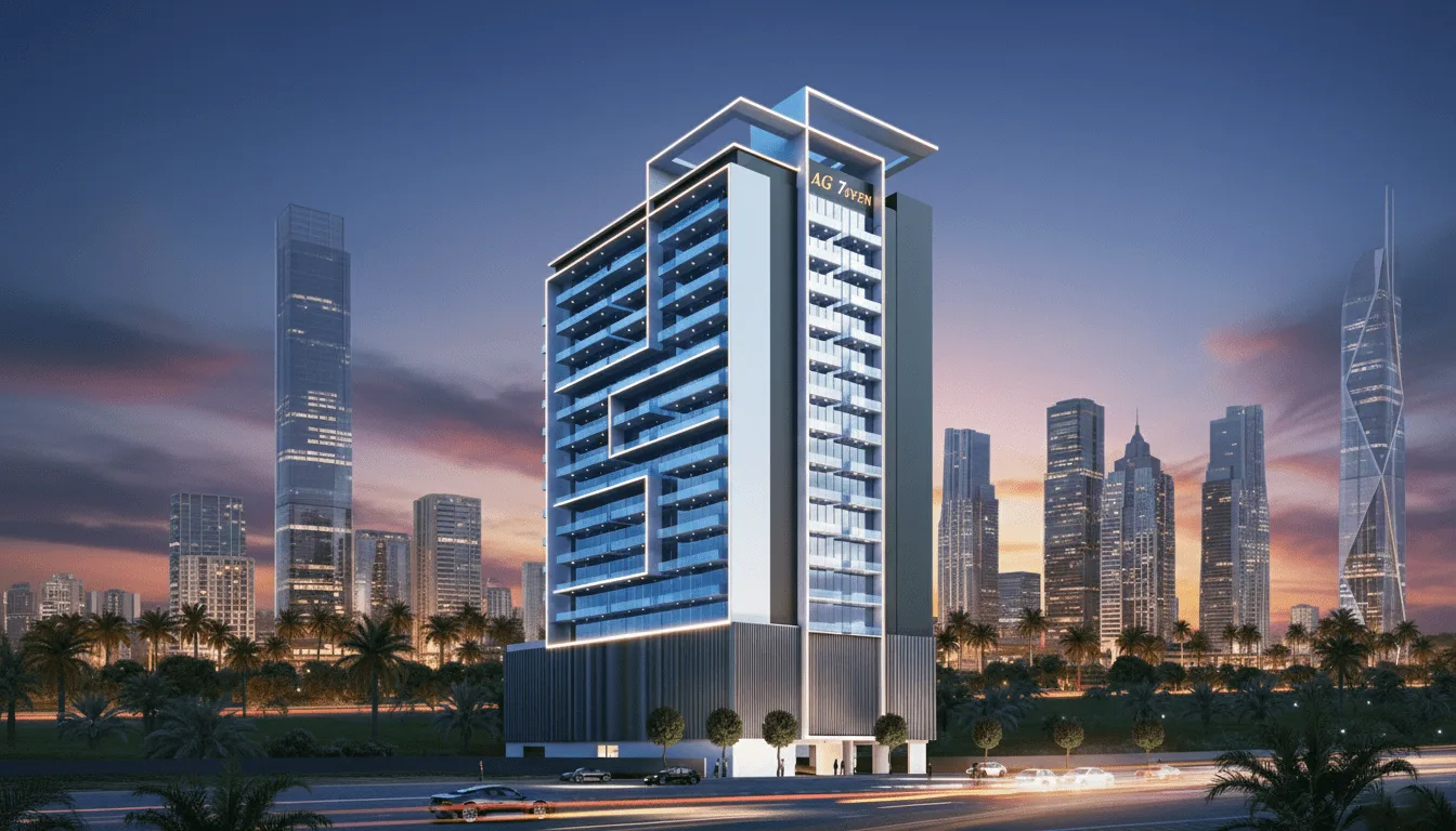 Exterior tower render at dusk, 1344x768