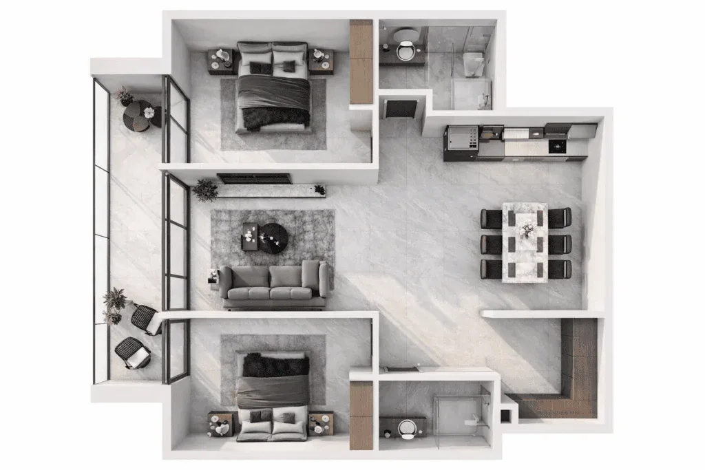 3D render of a two-bedroom apartment layout (not an exterior), 1024x683
