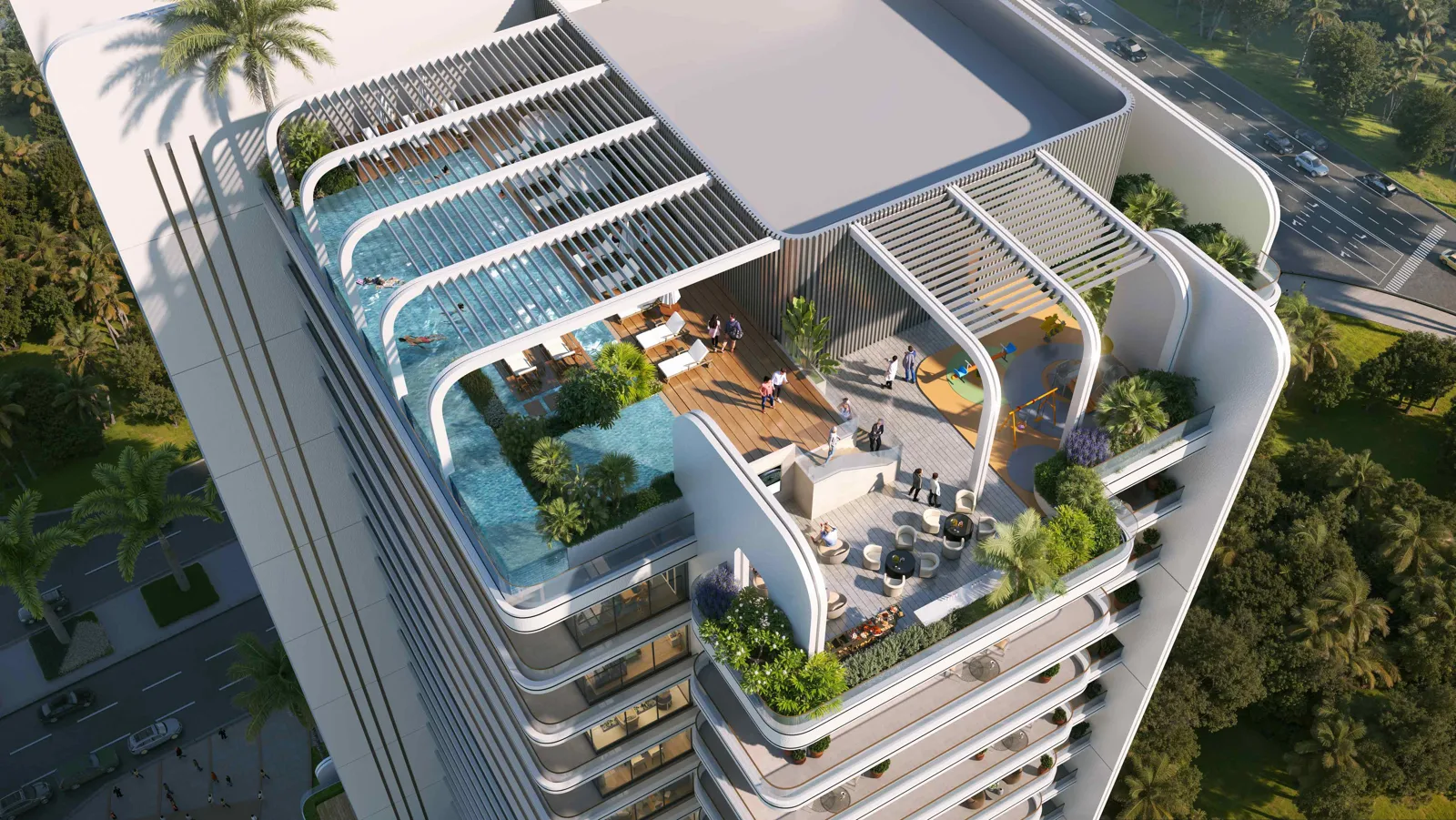 outside, rooftop pool and upper floors from above (4438x2500)