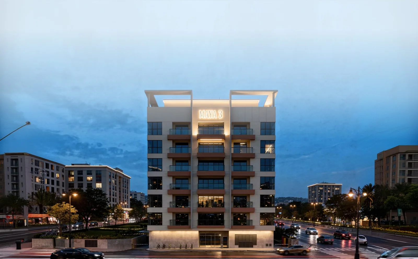 Front elevation render at dusk, wide, 2560x1588