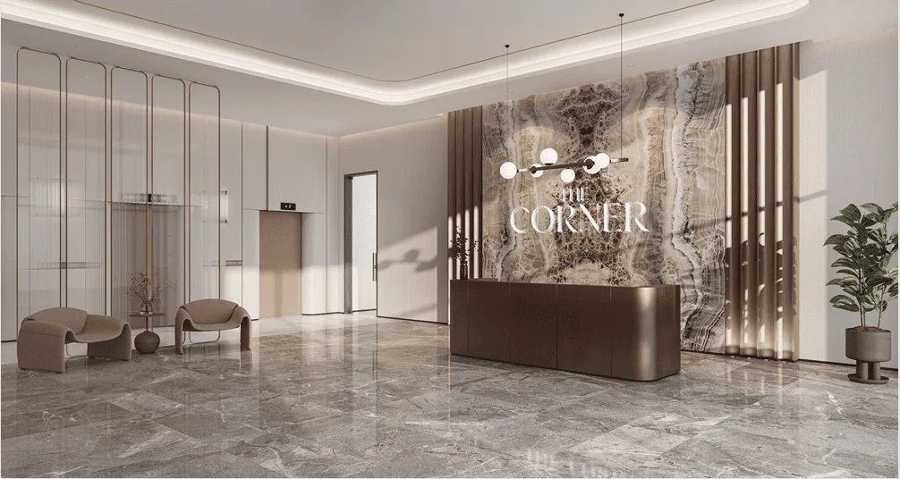 shared lobby with The Corner name on the wall