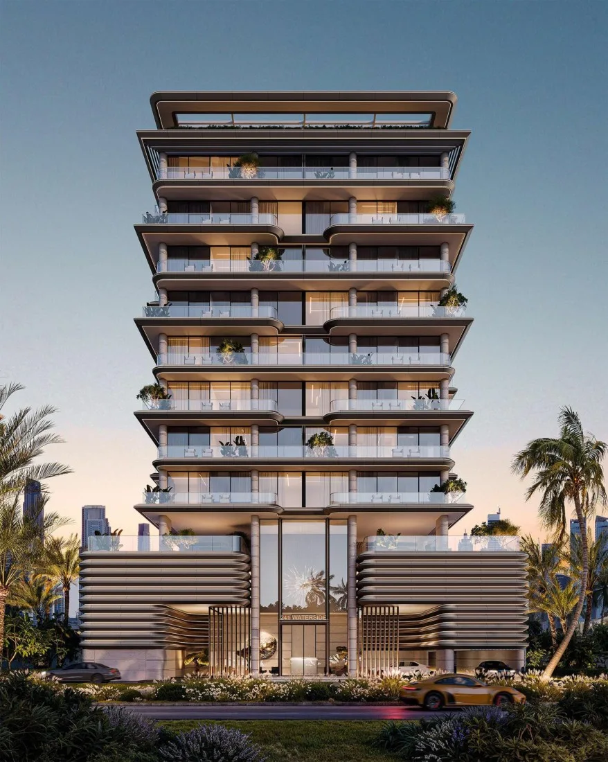 Front elevation of full tower at dusk