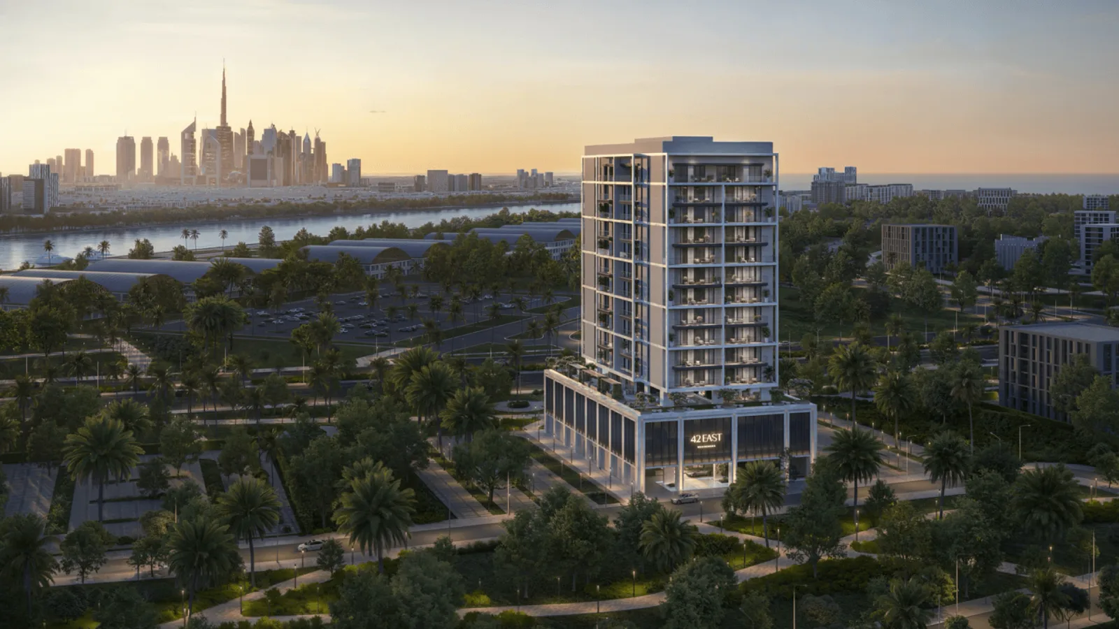 Aerial render of tower with 42 East signage