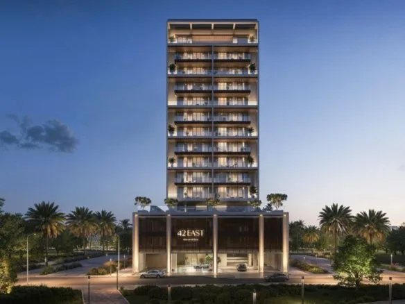Dusk render of tower and podium, 42 East sign