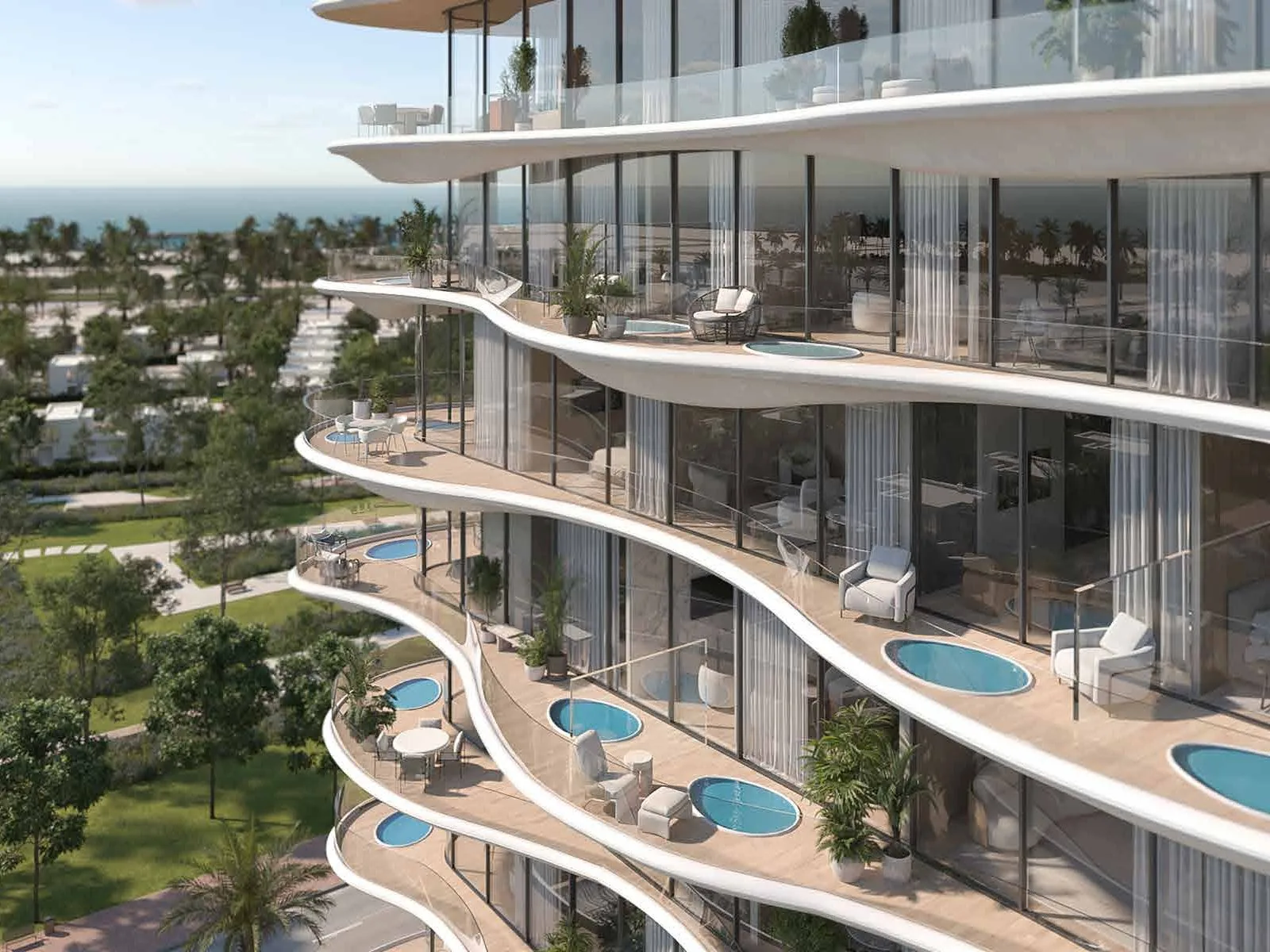 Curved balconies with plunge pools, sea view