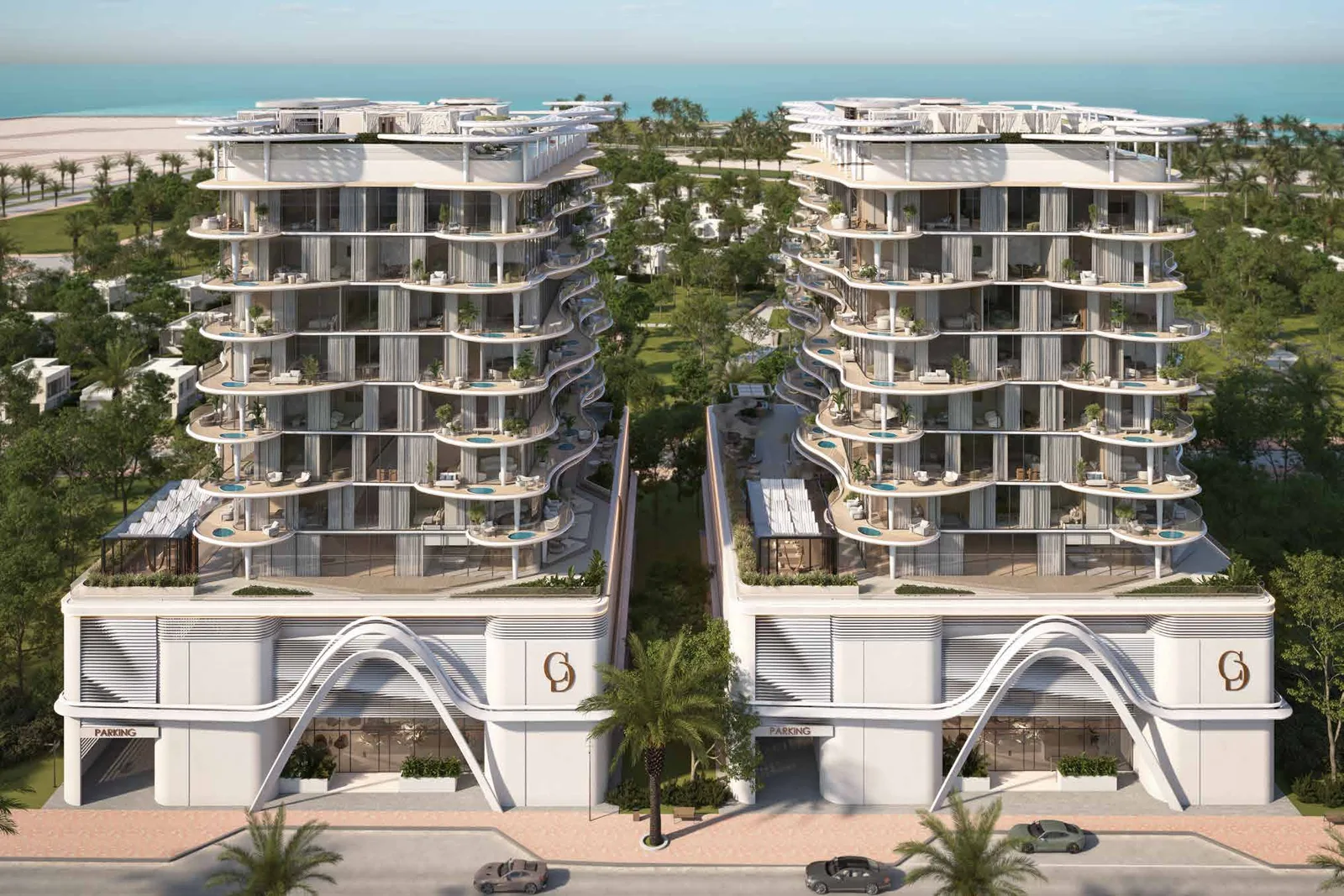 Project picture: Agua Residences Tower 1. Aerial view of both towers with arched podiums