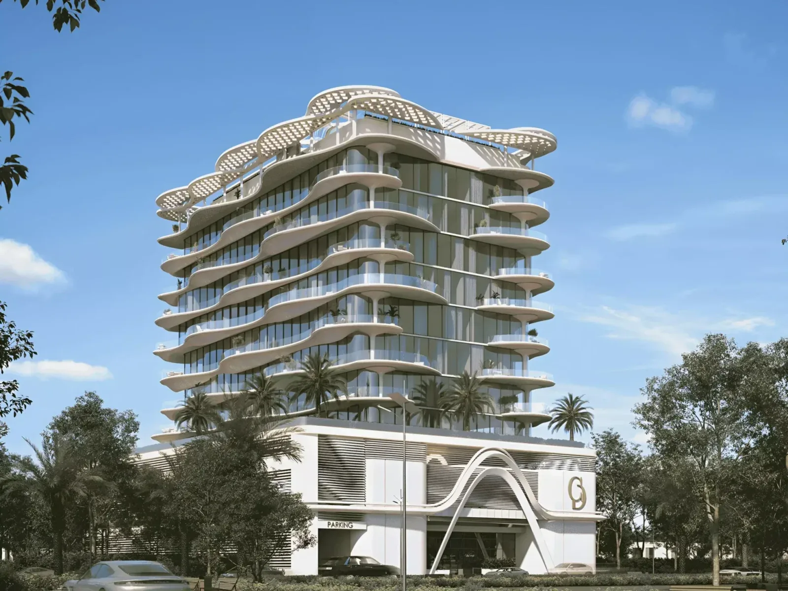 Wavy-balcony tower above podium with arch and logo