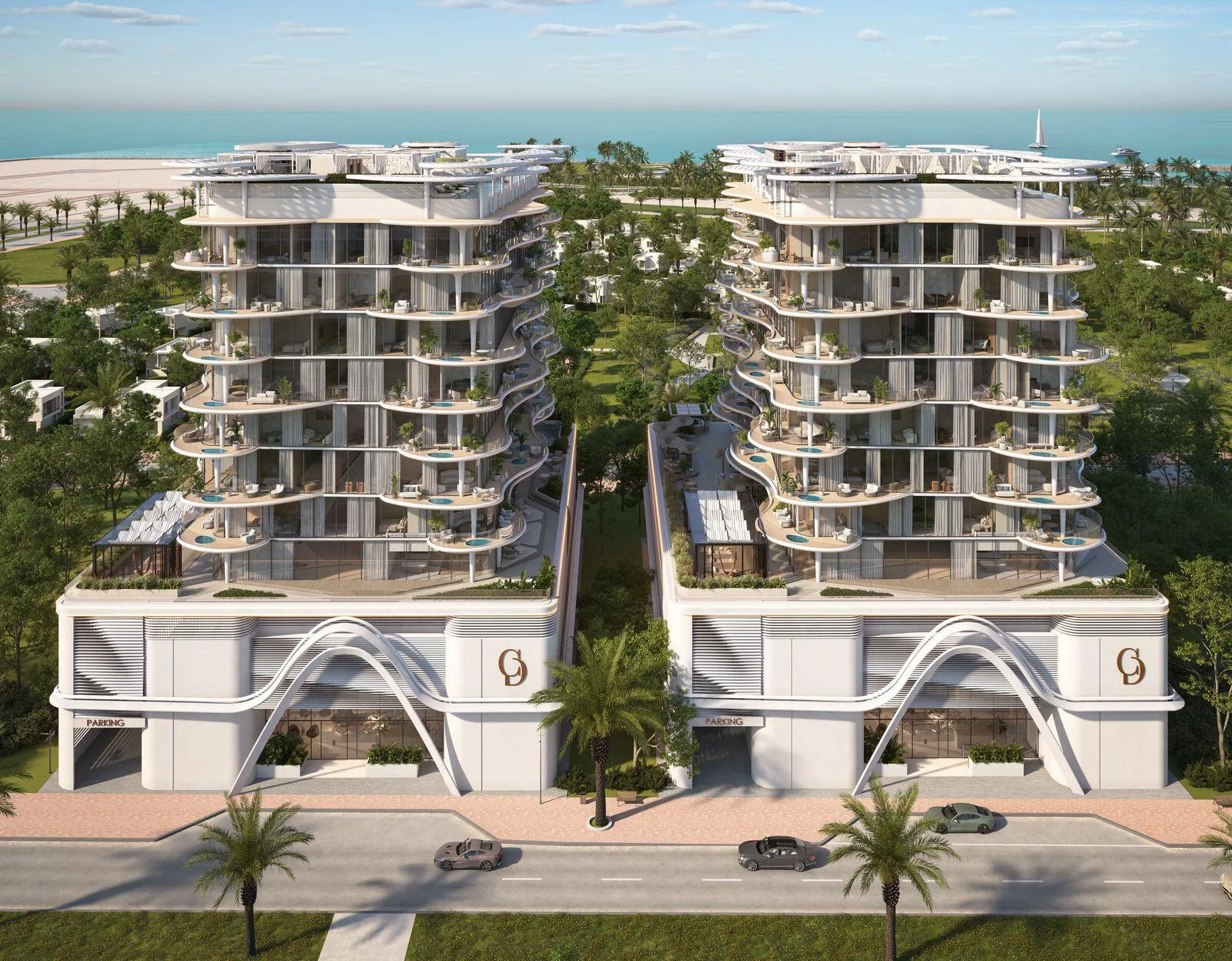 Twin wavy-balcony blocks with arched podium, aerial view